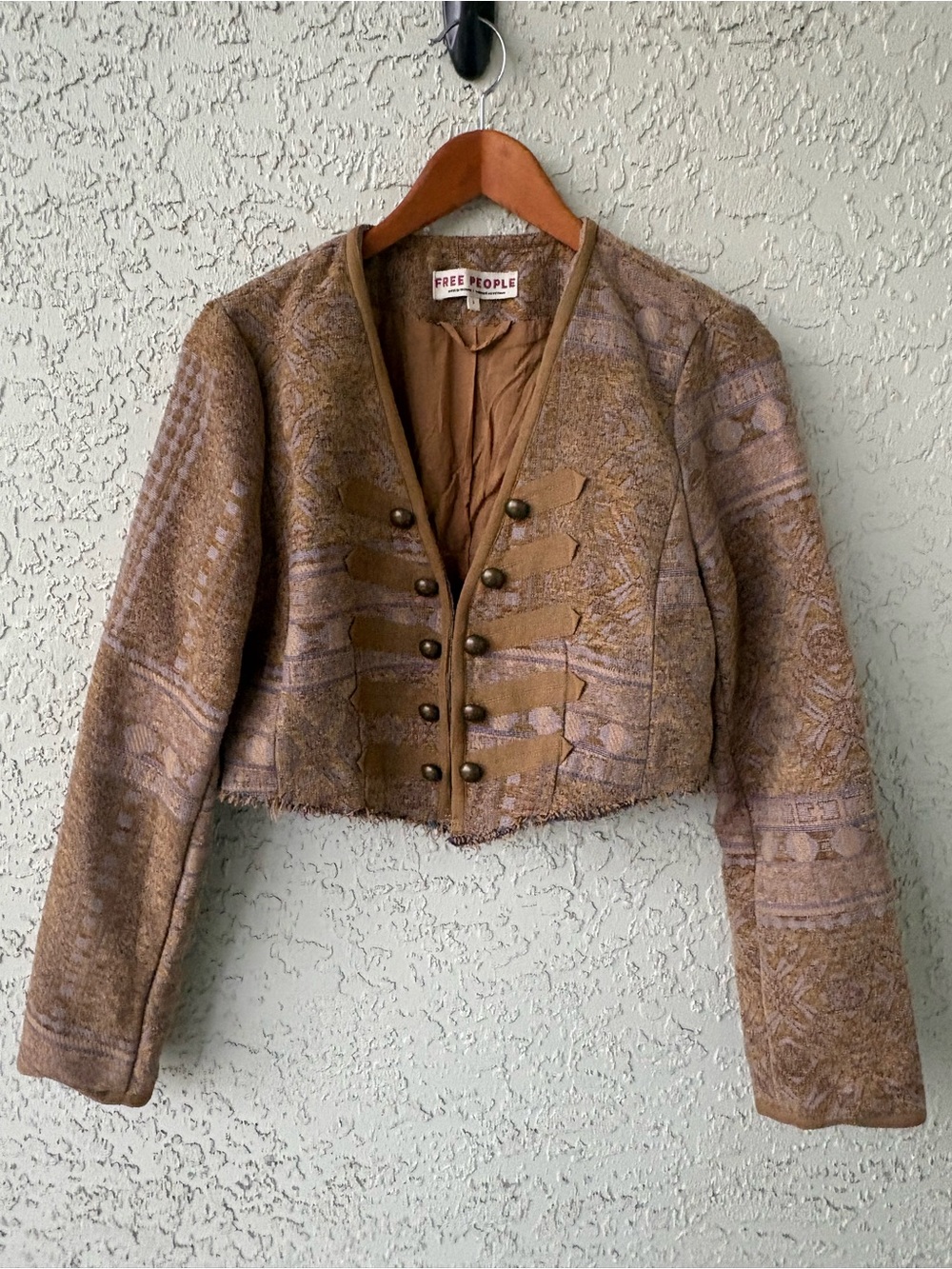 Free People Juliett Cropped Jacquard Jacket Boho Western Military Gold Size S